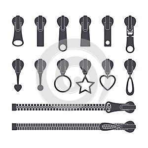 Zippers silhouettes set. Monochrome zip fastener and pullers. Fashion elements for fabric design and clothes. Vector photo